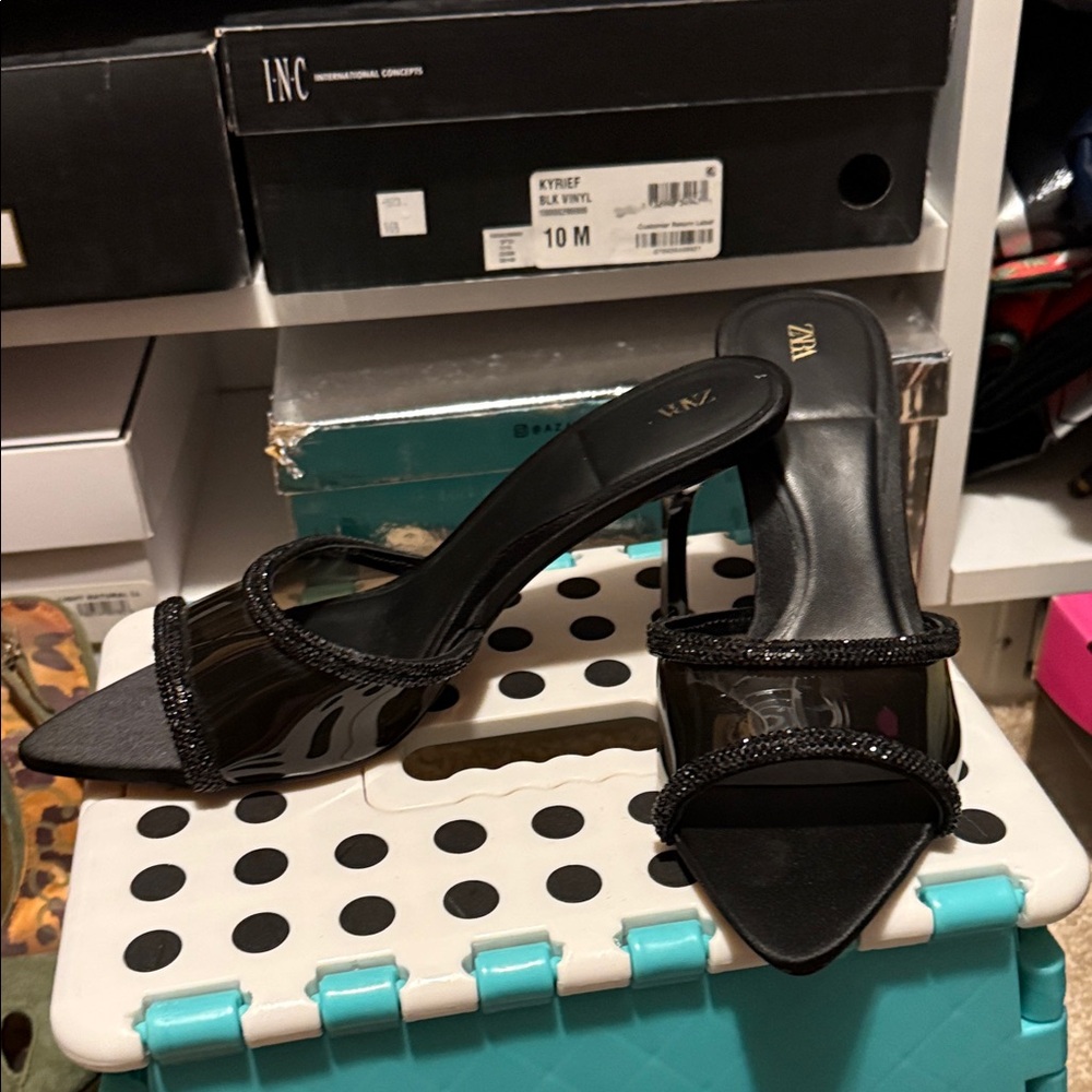 Zara Glossy Black Heeled Sandals. Mules with sequined detailing. NWOT